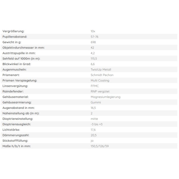 Fernglas DDoptics SHG - Super High Grade 10x42 Datenblatt
