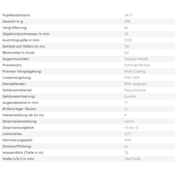 DDoptics Fernglas Kolibri 8x25 Gen.3 Datenblatt