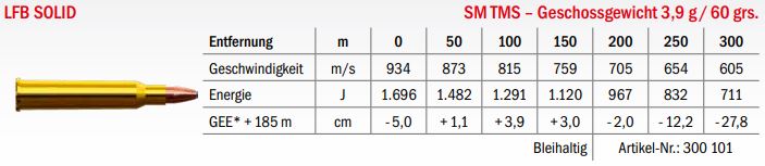 Jagdmunition LFB Solid 5.6x50 R Mag. SM TMS 3.9g Datenblatt