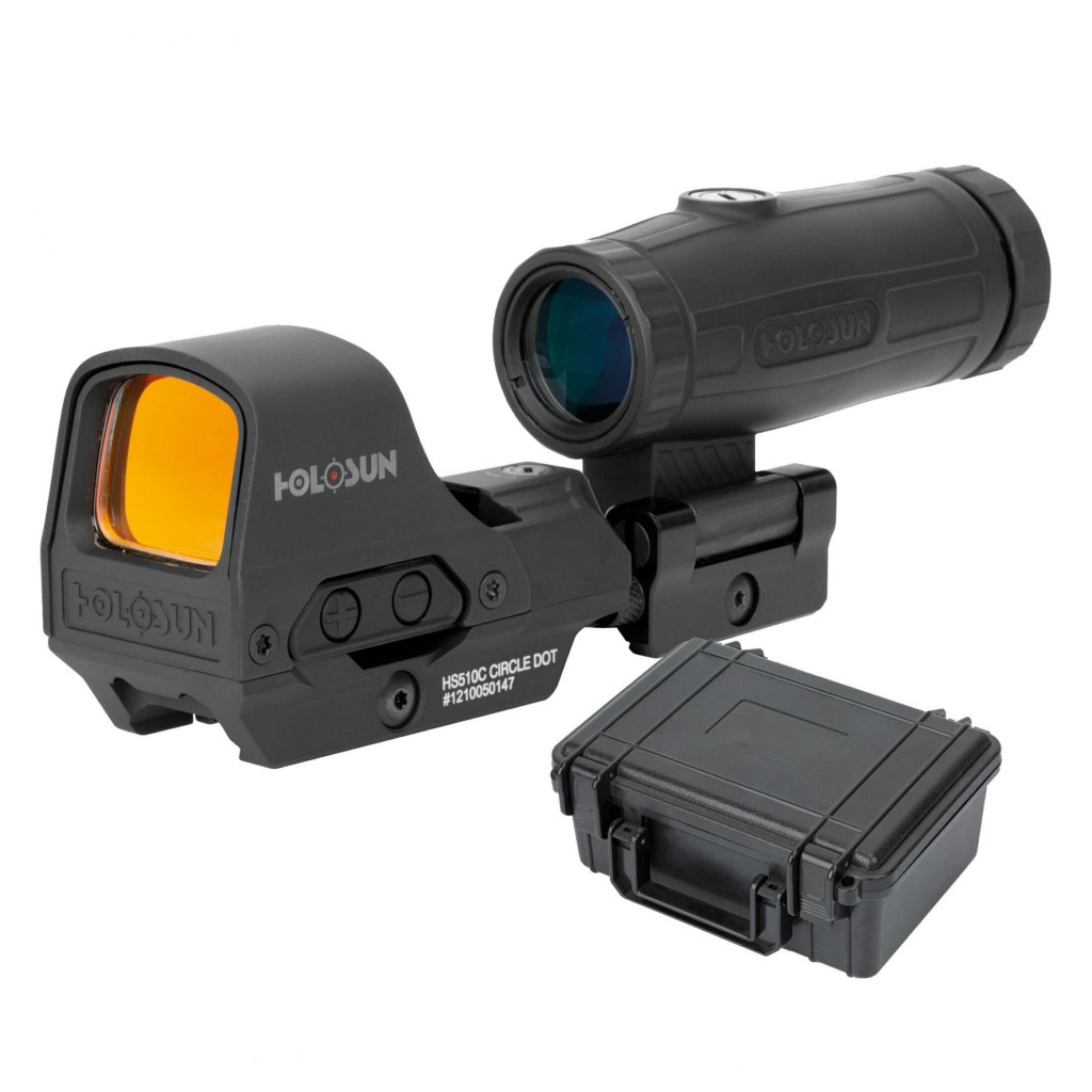 Holosun Set, Holosun Reflexvisier, Modell HS510C-RD mit rotem Wechselabsehen: 2MOA Dot, 65MOA Circledot & 65MOA Circle und Magnifier HM3X